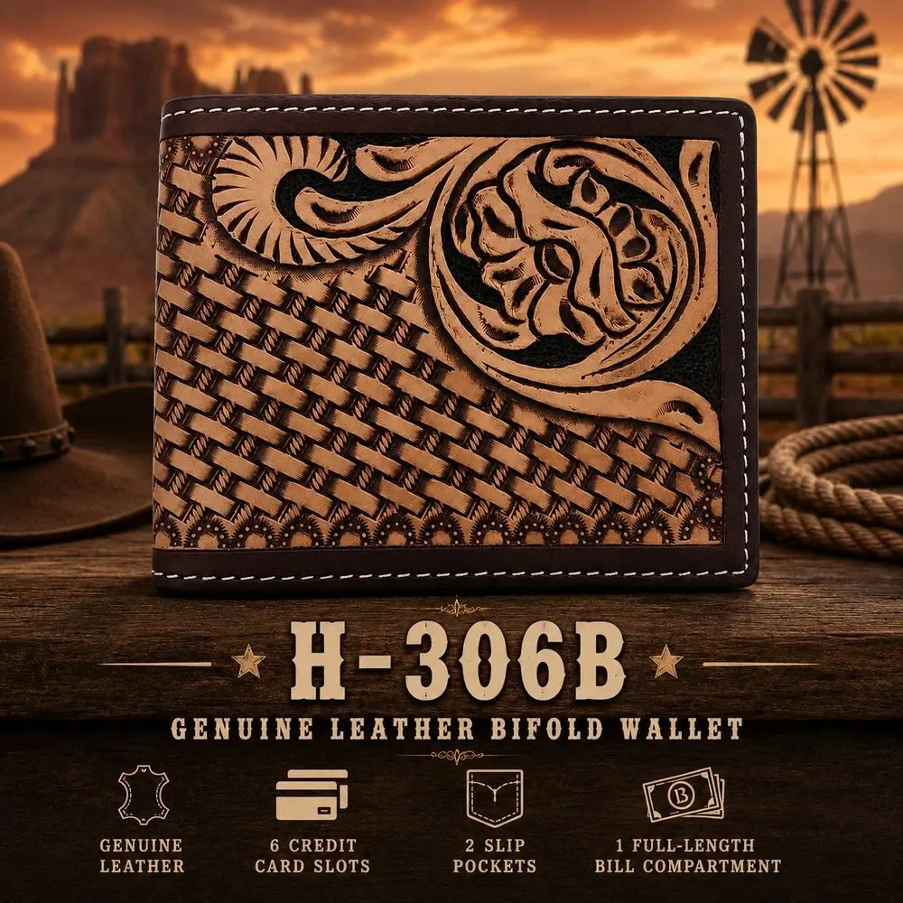 Ranger Belt Co H-306B Tooled Leather Bifold Wallet Basketweave Floral Brown NWT